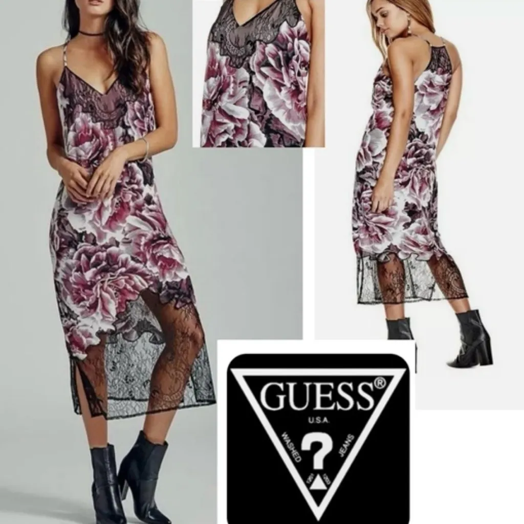 Guess LA Women’s Slip Dress Small Purple Floral Lace Midi Vintage Y2K 2000s Boho - Image 2