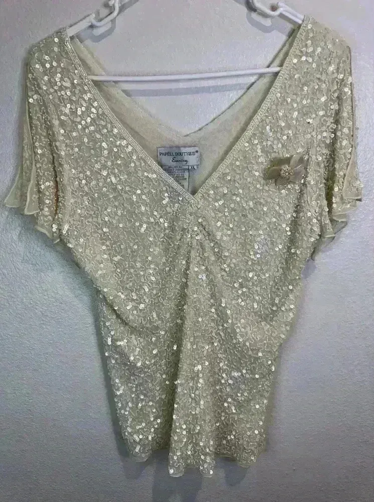 Vintage Papell Boutique Women’s Sequin Beaded Split Flutter Sleeve Silk Blouse - Image 1