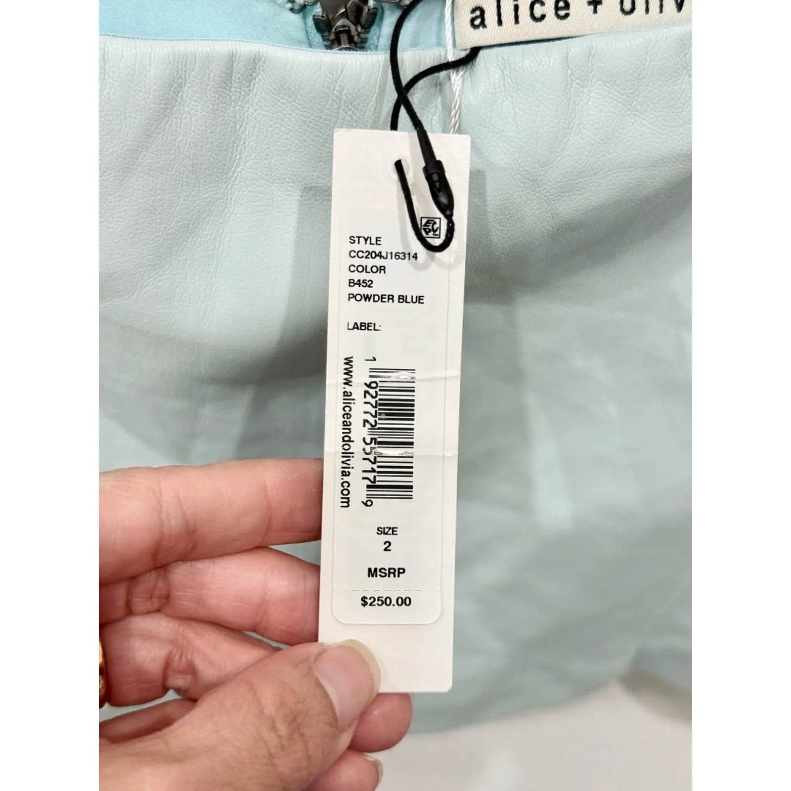 NWT Alice + Olivia Lilia Vegan Leather Crossover Mini Skirt Powder Blue Womens 2 - Image 6