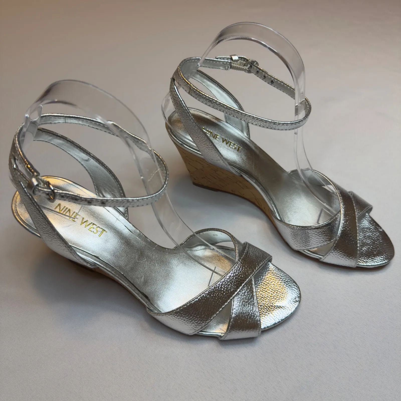 Nine West NEW Silver Metallic Cork Wedge Strappy Ankle Strap Sandals Womens 8M - Image 2