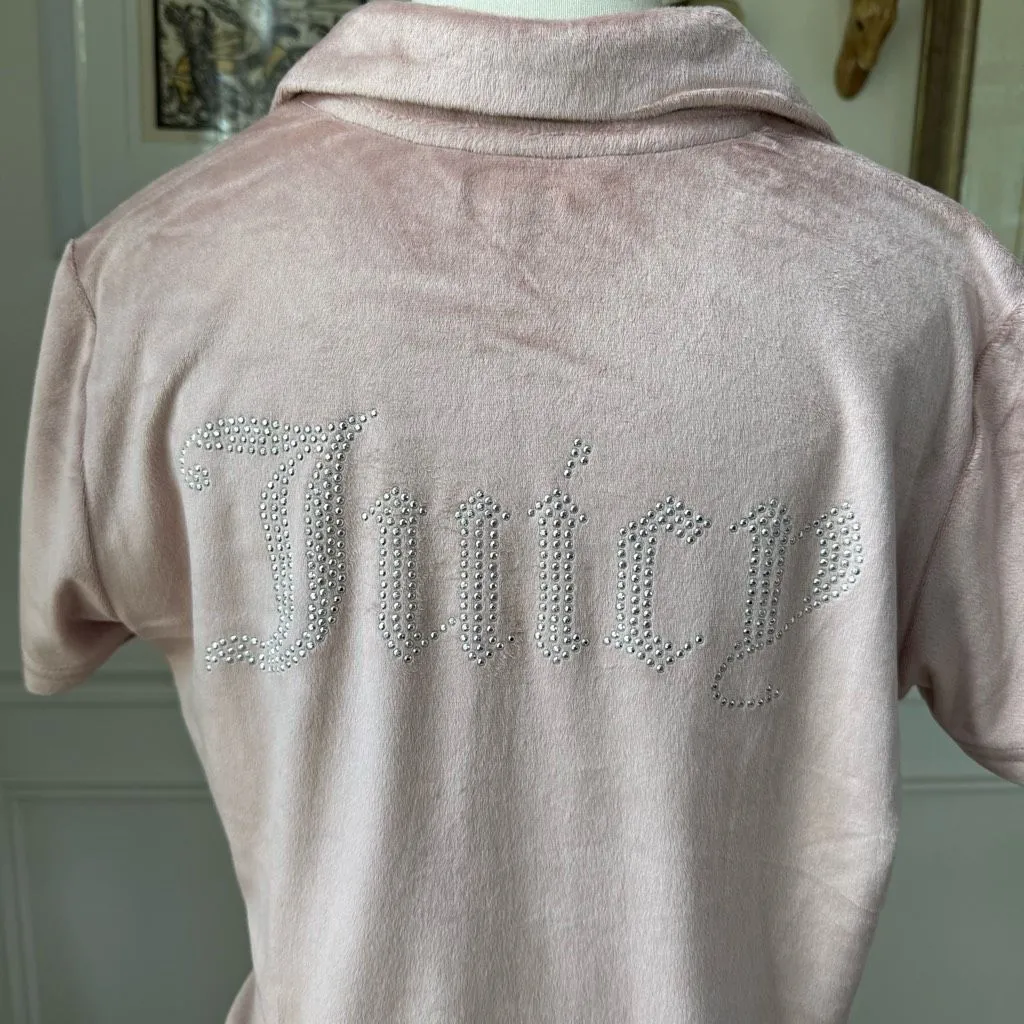 Juicy Couture Silky Soft Pink Velour Silver Bling Stud Cropped Button Up M - Image 2