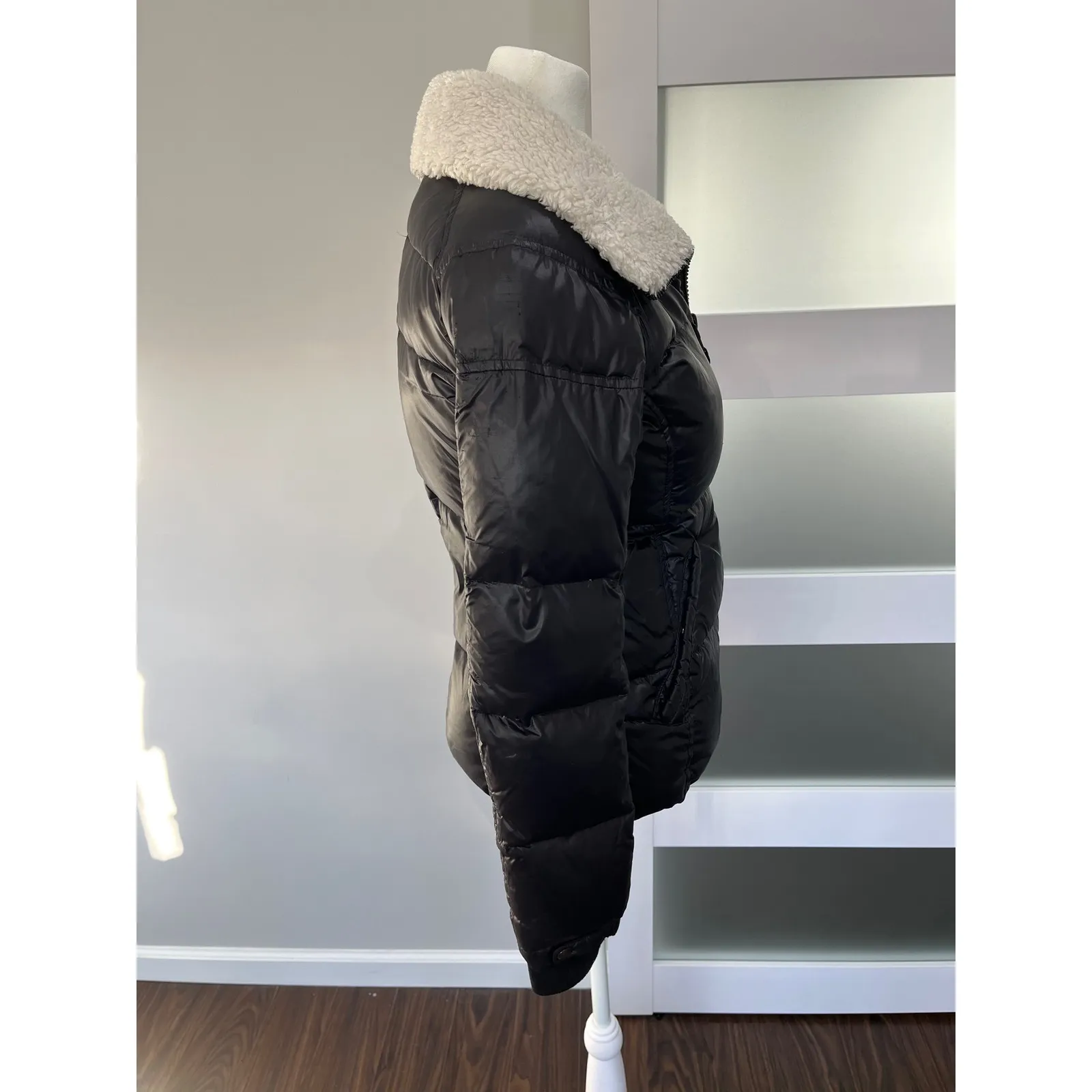 S13 New York Black Puffer Jacket Sherpa Collar Quilted Down Fill Women's XS - Image 5