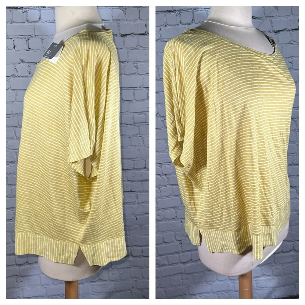 Eileen Fisher Yellow Ochre Organic Linen Jersey Skinny Stripes Boxy Top XL NEW - Image 4