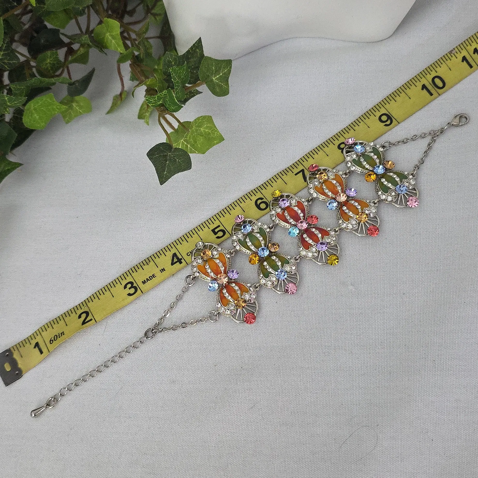 Vintage Multi Color Enamel with Rhinestones Statement Bracelet Silver - Image 8