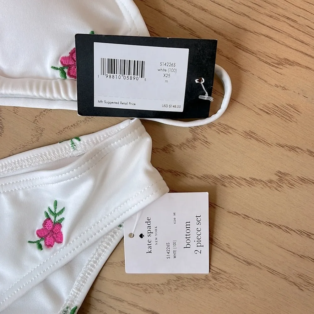 NWT Kate Spade White String Bikini Set Hot Pink Embroidered Floral Print Medium - Image 4