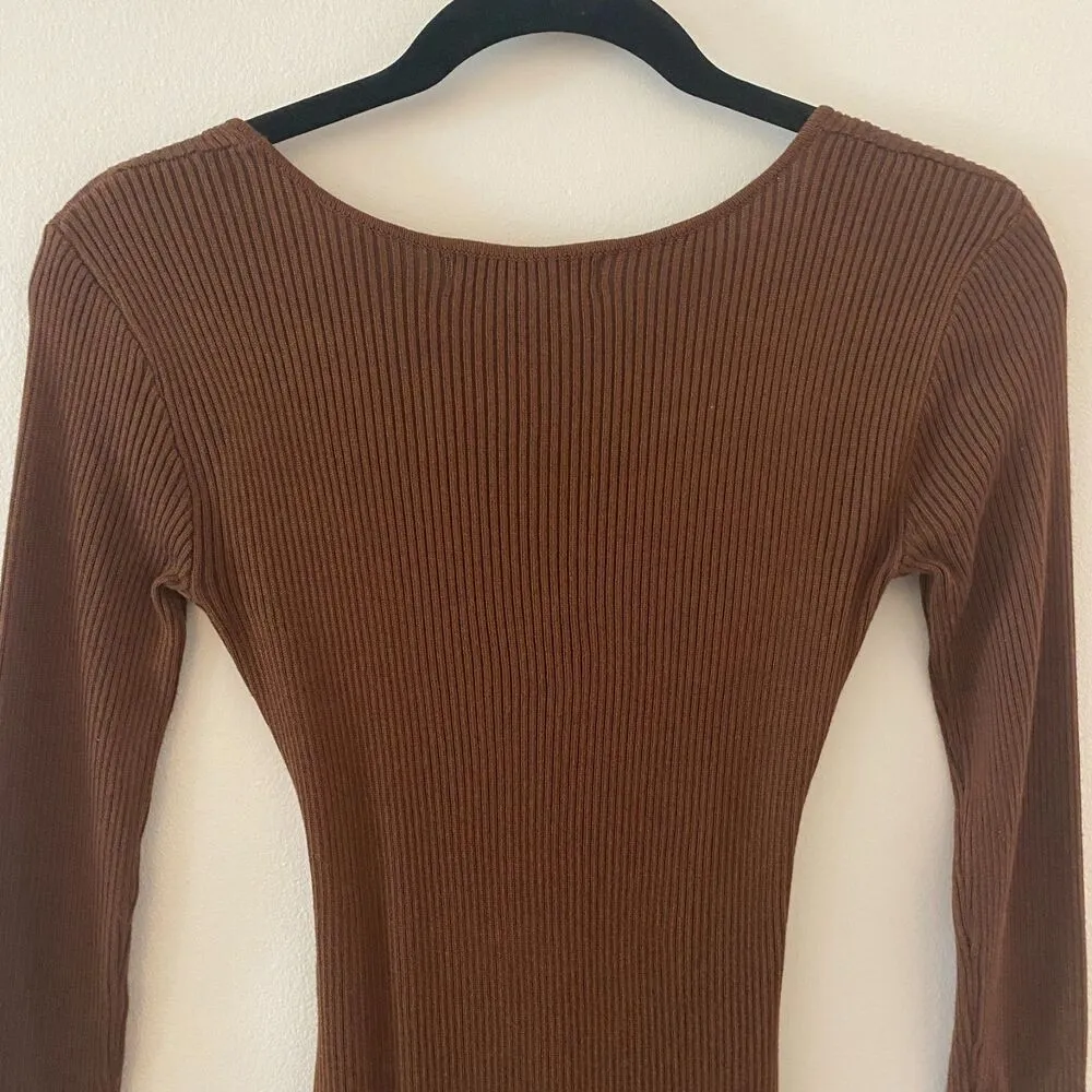 Almost Famous Brown Cutout Tie V Neck Dress Cinched Women's Sz Small - Image 5