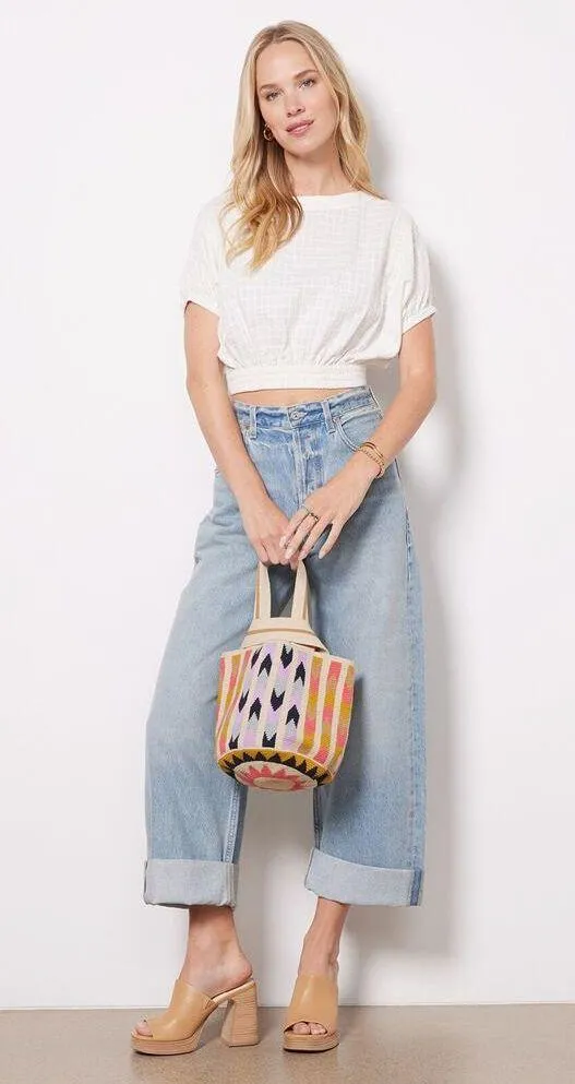 Faherty Cala Windowpane Short Dolman Sleeve Cropped Crew Neck Ivory Top Large - Image 3