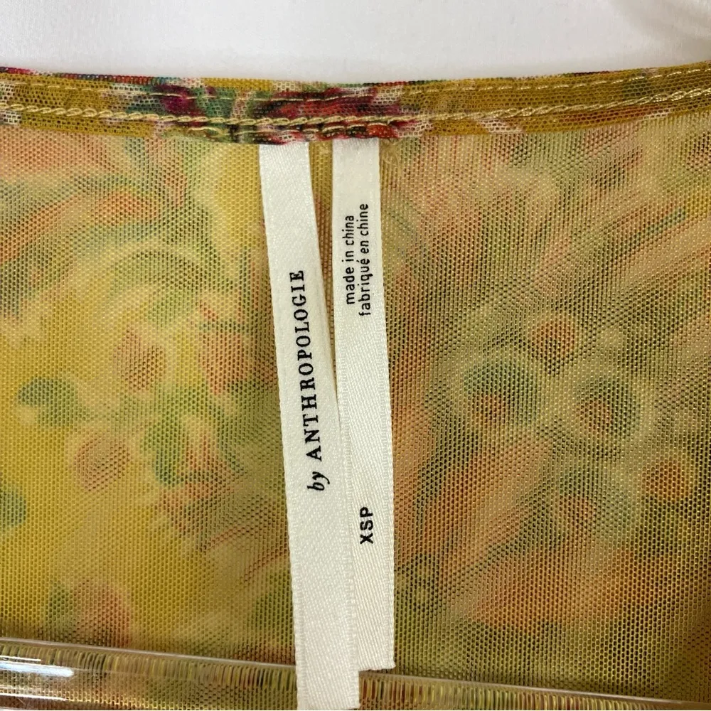 Anthropologie | Floral Mustard Yellow 3/4 Sleeve Semi-Sheer Blouse XS PETITE - Image 4