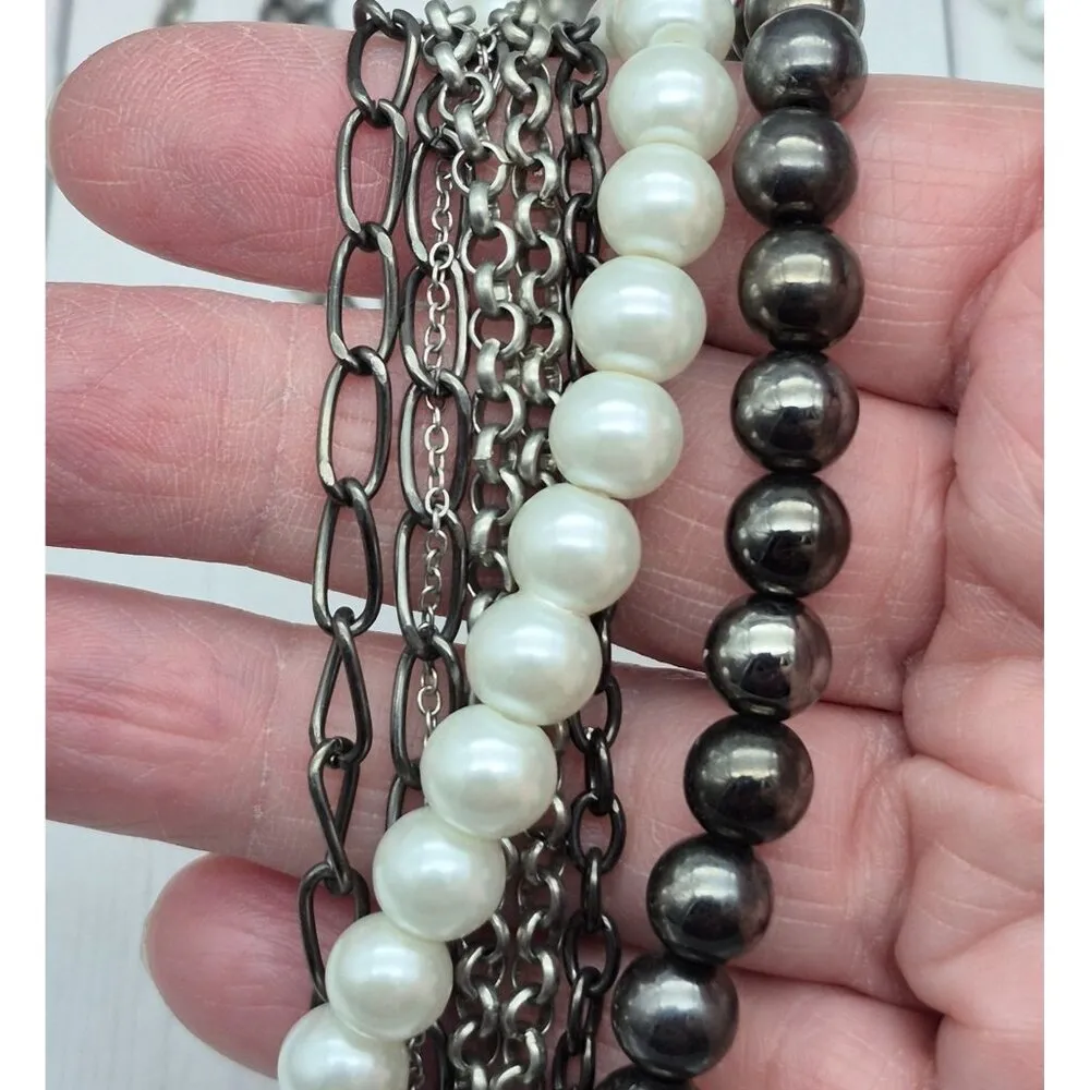 Gun Metal Chain Beads Faux Pearls & Black Bow Multi Strand Collar Necklace 23" - Image 7