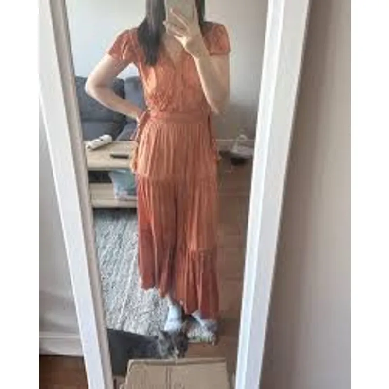 JOIE Tiered Midi Dress w Flutter Sleeves FEMININE ROMANTIC Size XS Waist Tie - Image 8