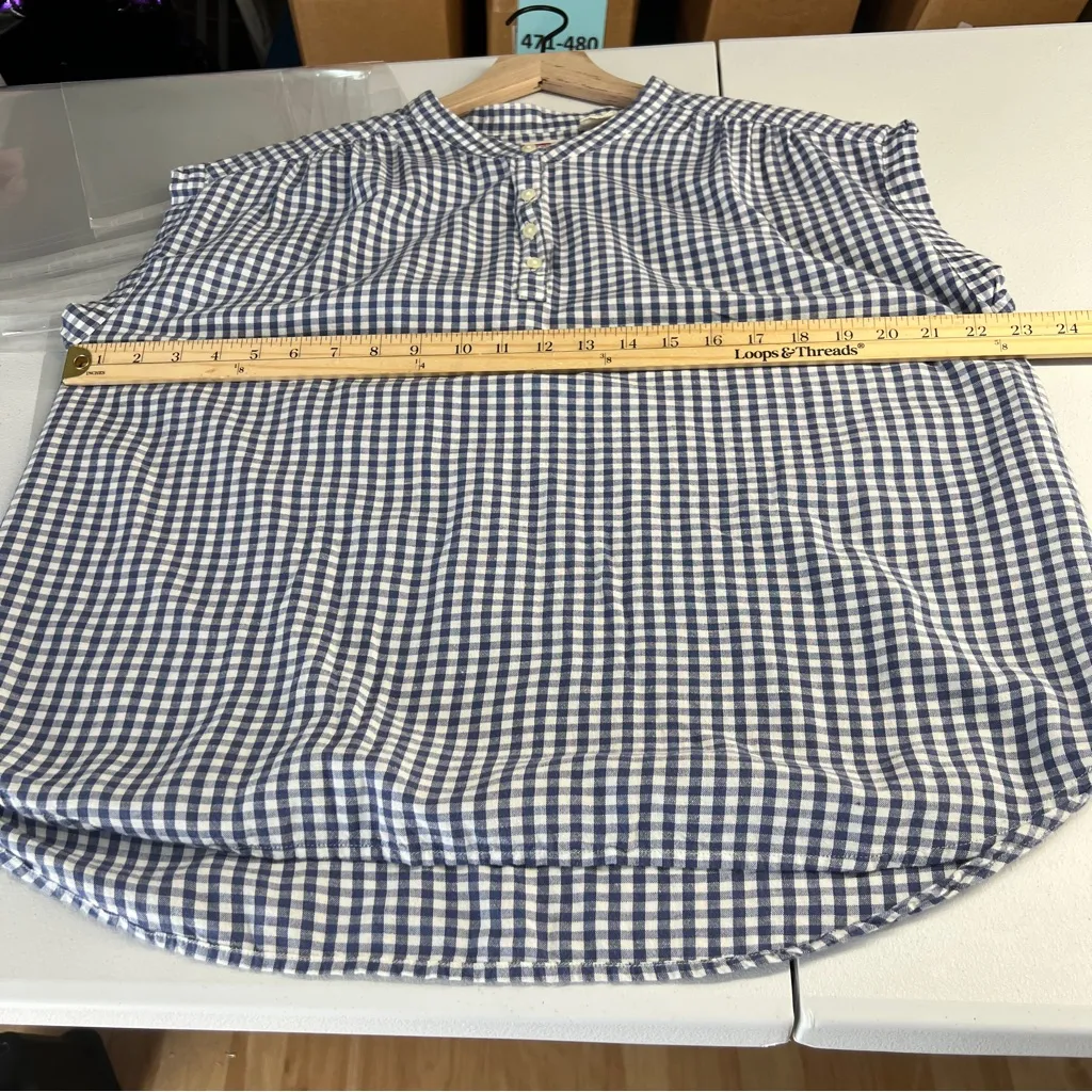 Levi's Blue‎ Gingham Checkered Boxy Cap Sleeve Mandarin Collar Top Size L - Image 11