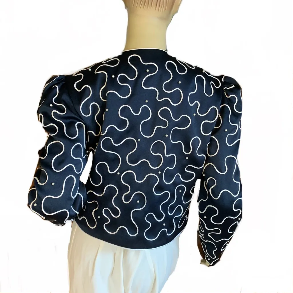 PATRA VINTAGE 1990'S BLUE & CREAM SATIN BLAZER WITH FAUX PEARL BEADING (10) - Image 3