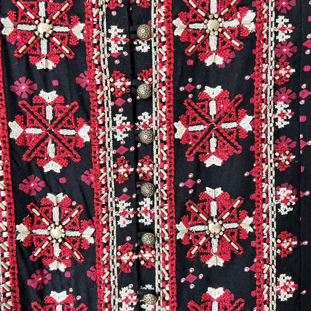 Anthropologie Vanessa Virginia Black Red Embroidered Mini Dress Viscose Medium - Image 5