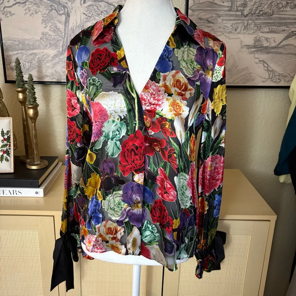 ALICE + OLIVIA Randa Tied Blouson-Sleeve Button-Front Blouse Size Small NWT - Image 4