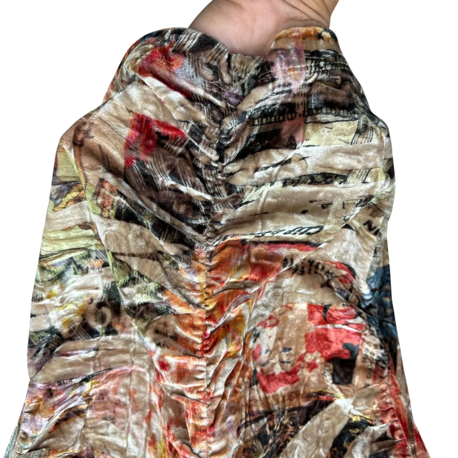 Vintage CLIO Women's Velvet Ruched Top‎ Long Sleeve V Neck Graphic Retro Y2K M Tan Size M - Image 6