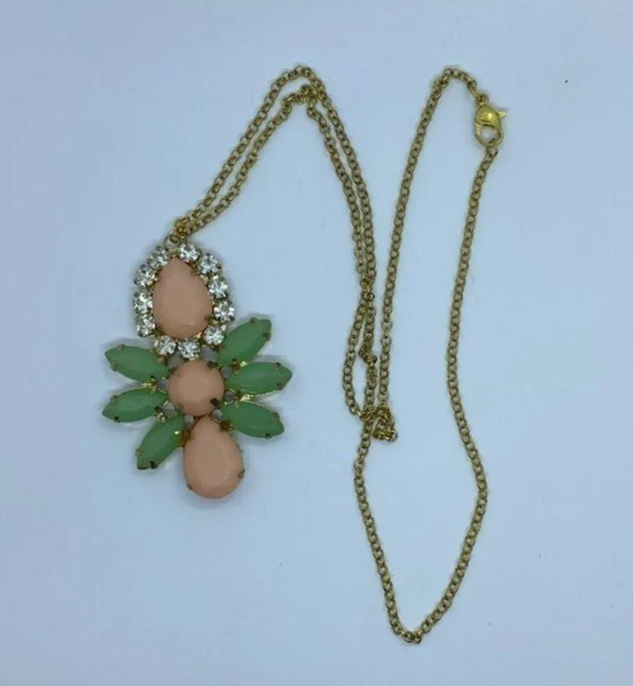 Gold-Tone Pink Green Gemstone Rhinestone Necklace - Image 4