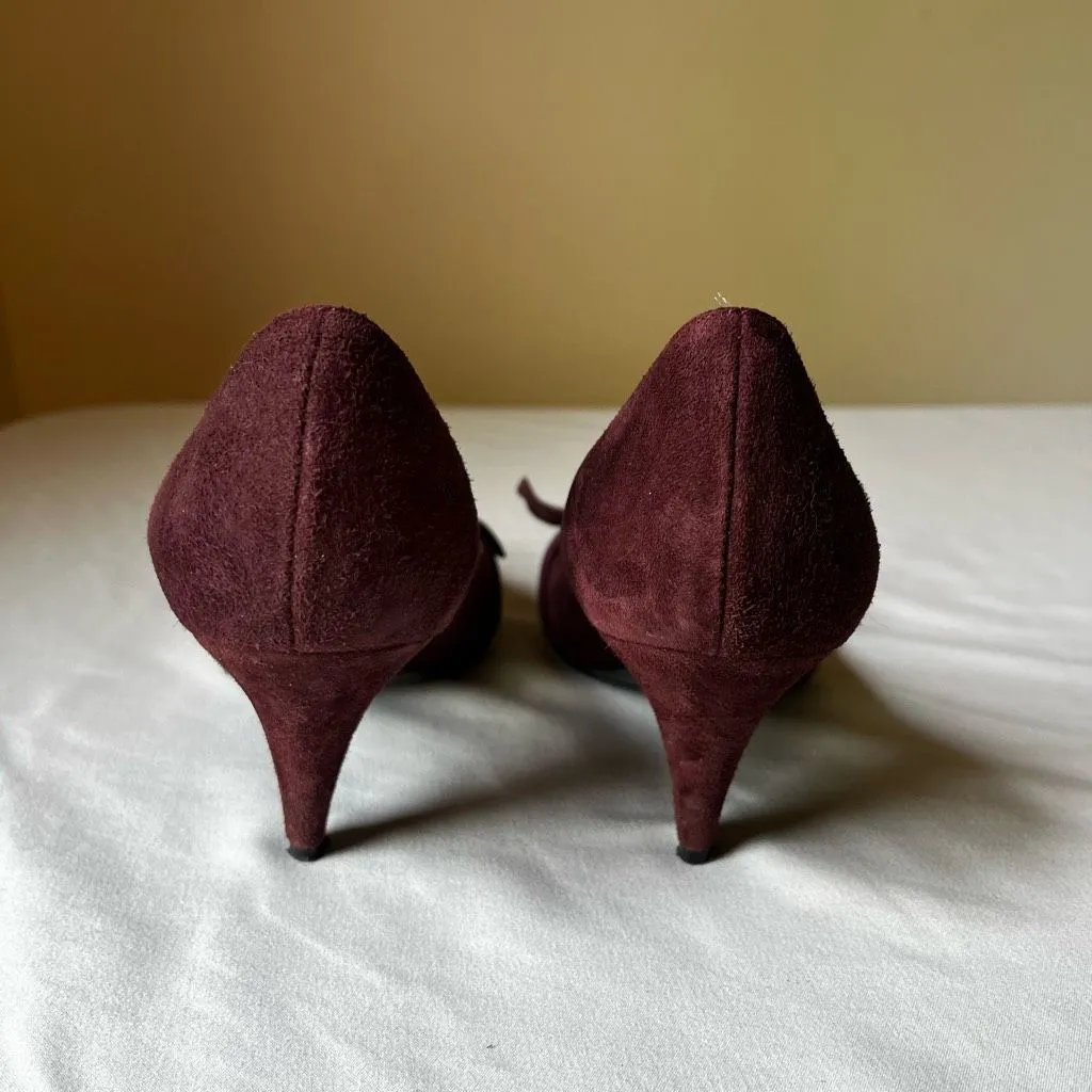 Saks Fifth Avenue Burgundy Suede Pumps w/ Bow Detail Made in‎ Italy Size 8 - Image 7