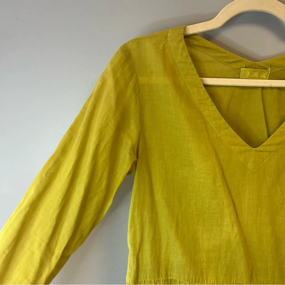 CP Shades Blouse Bright Neon Green V Neck Peplum Linen Top Sz M EUC - Image 3