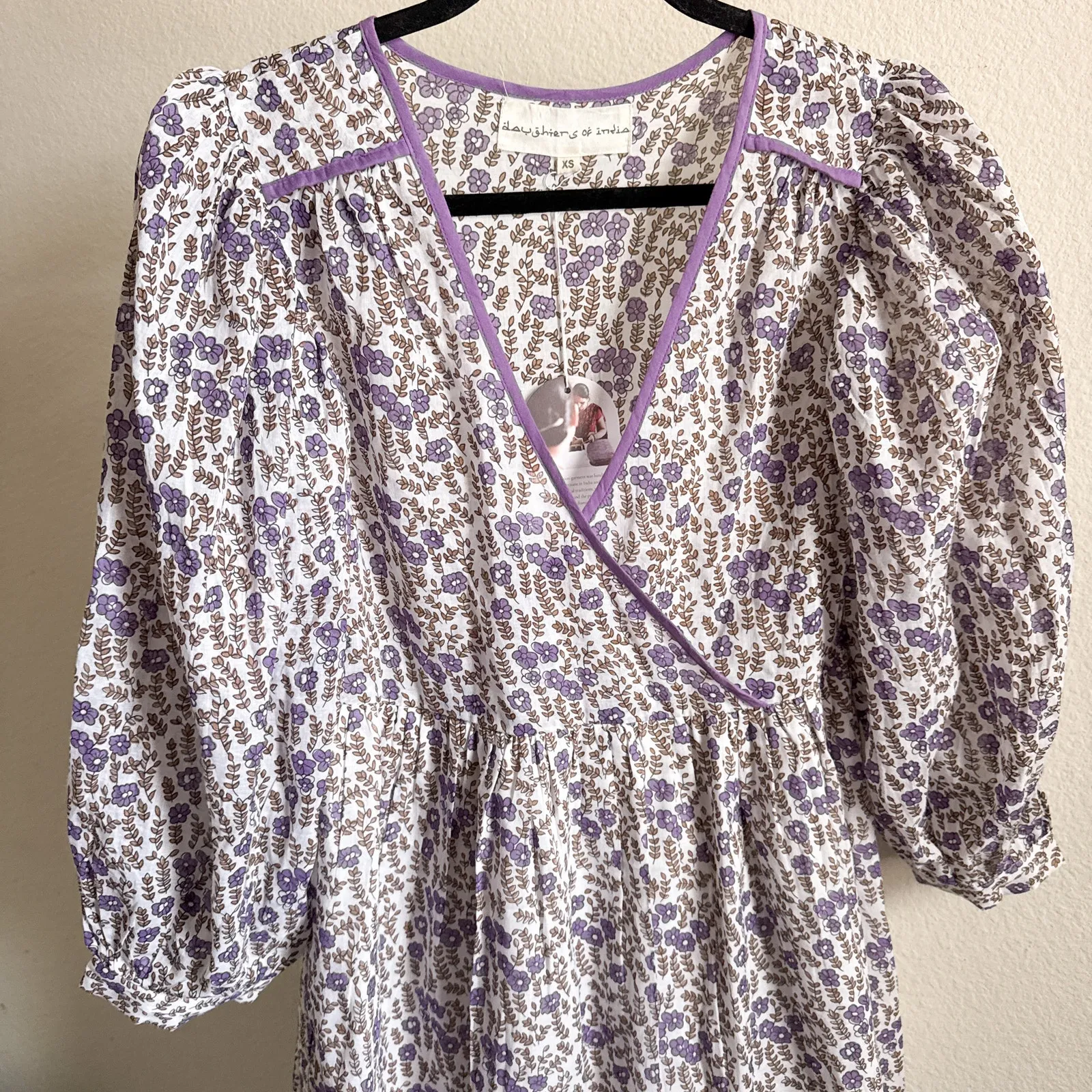 Daughters of India Binita Mini Dress Violet Floral Boho Cotton XS NWT Purple - Image 5