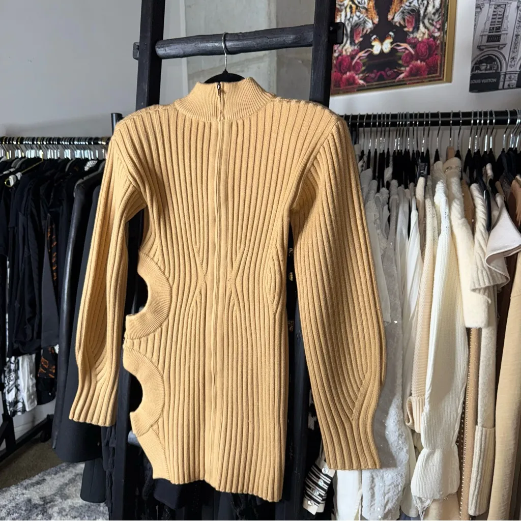 David Koma Camel Side Cutout Ribbed Knit Mini Dress Tan Size M - Image 12