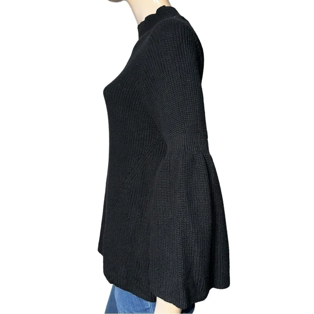 525 America Womens Size S Black Cotton Chunky Knit Bell Sleeve Mock Neck Sweater - Image 4