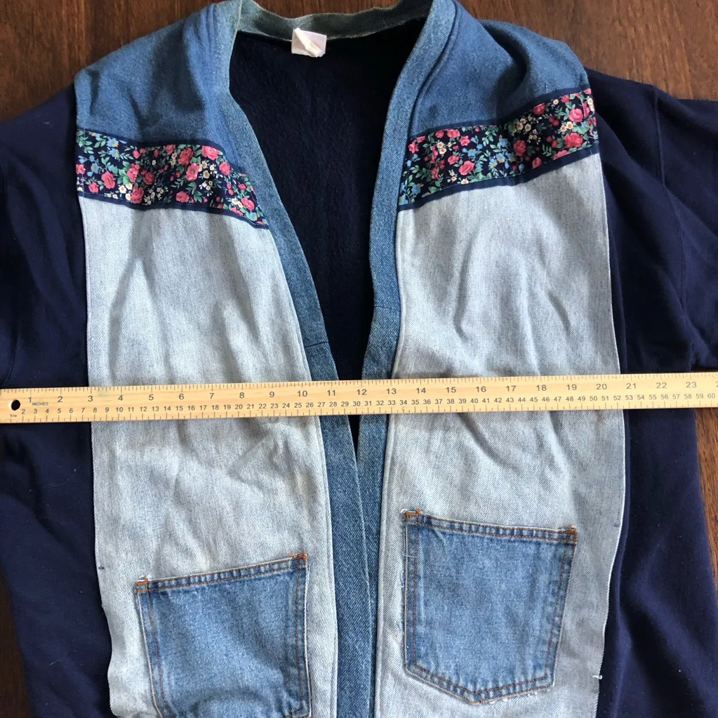 VTG hanes Aztec Southwestern Mix Media Custom Denim & Fleece Jacket Sweatshirt L - Image 6