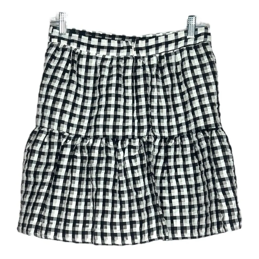 Topshop Skirt Women 6 Black White Gingham Checkerboard Print Ruffle Flounce Mini - Image 2