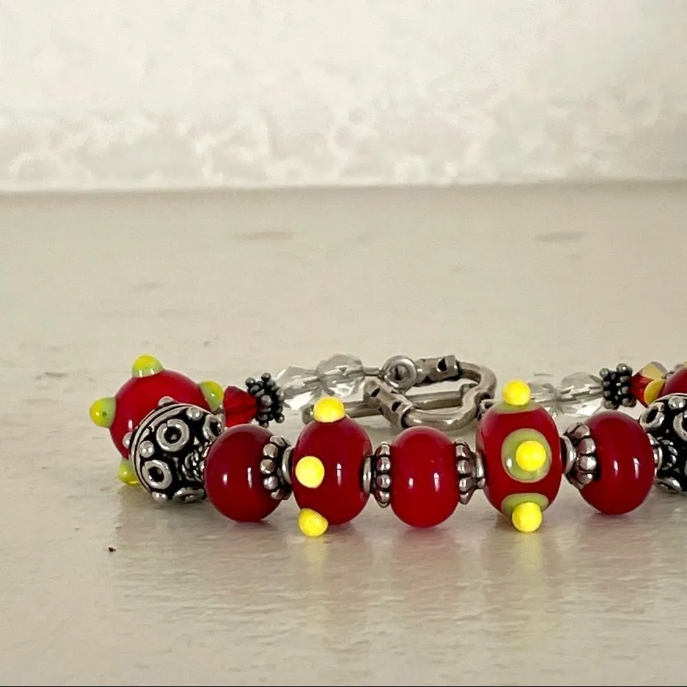 Red lamp work bead bracelet with silver and Swarovski crystals - Image 5
