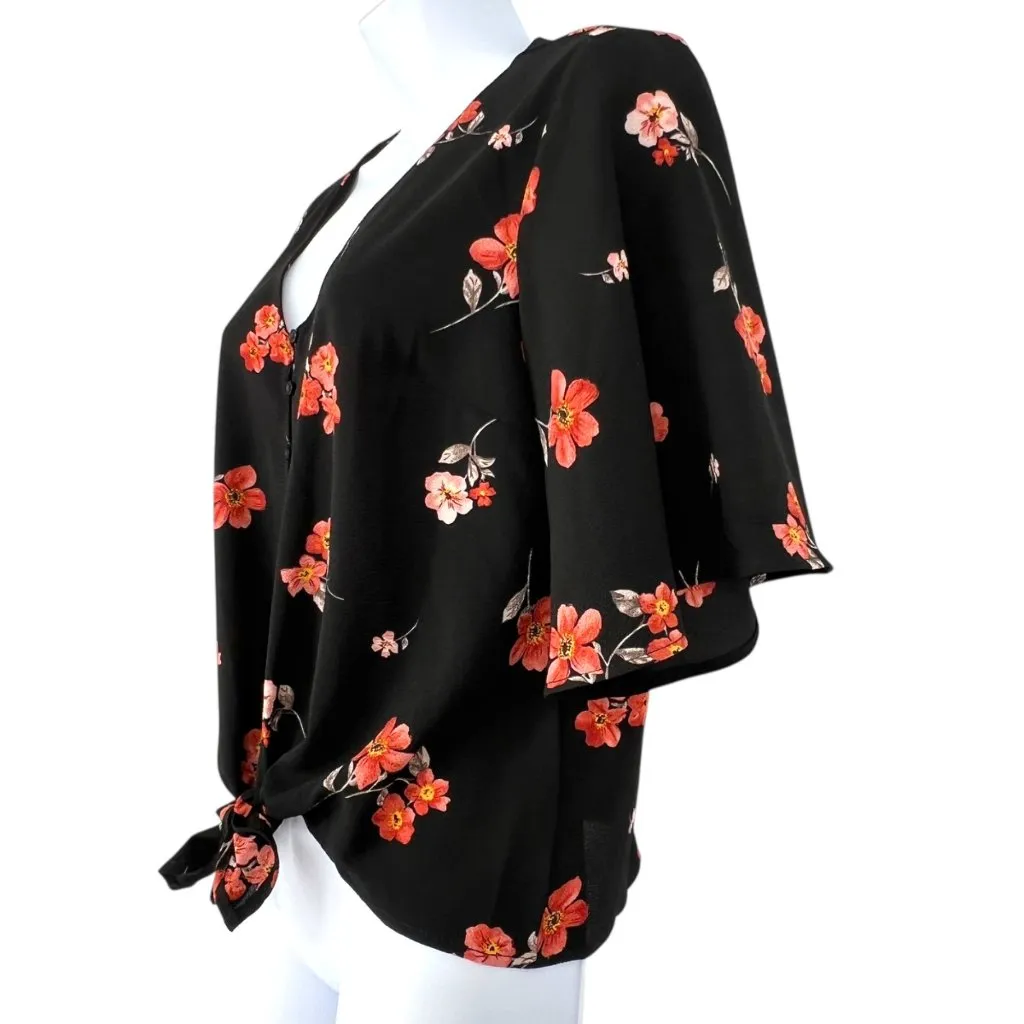 Lush Krisantha Tie Front Short Sleeve Blouse Black Floral Size Small NWT - Image 6