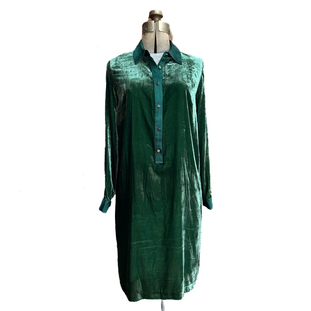 Talbots Green Velvet Popover Shirt Dress Midi Length Long Sleeves Silver Buttons - Image 3