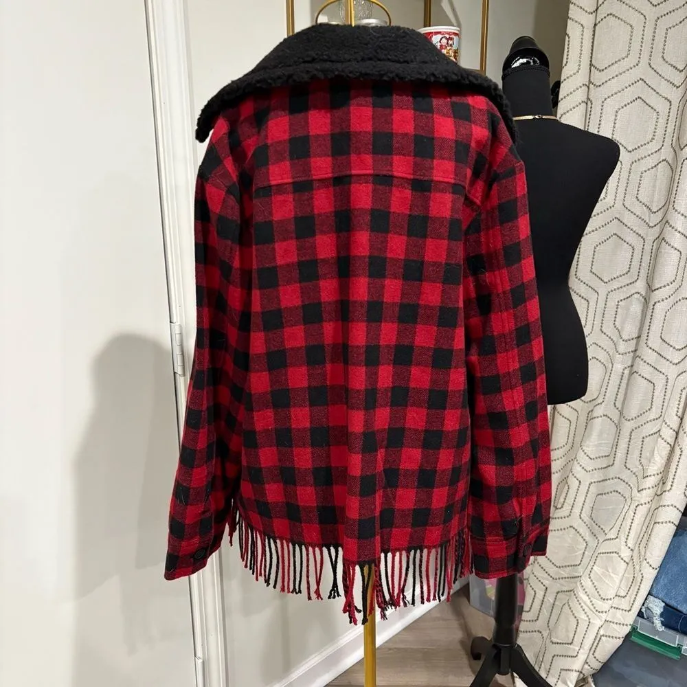 Chaps Red and Black Plaid Fringe Jacket with sherpa collar NWT Size XL - Image 5