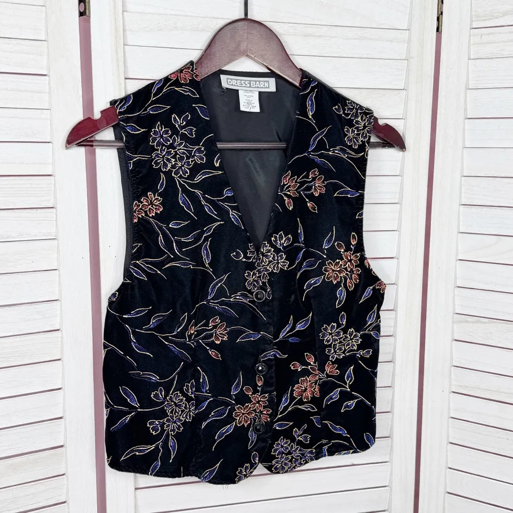 Vintage DressBarn Metallic Floral Velvet Vest Waistcoat Black Small - Image 7