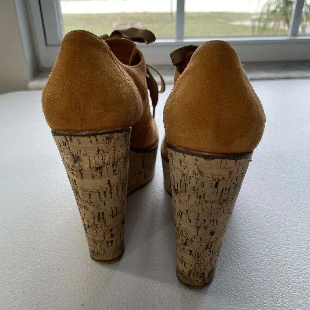 Gianvito Rossi Suede Cork Open Toe Lace Up Platform Shoes Orange/Beige Womens 37 - Image 5