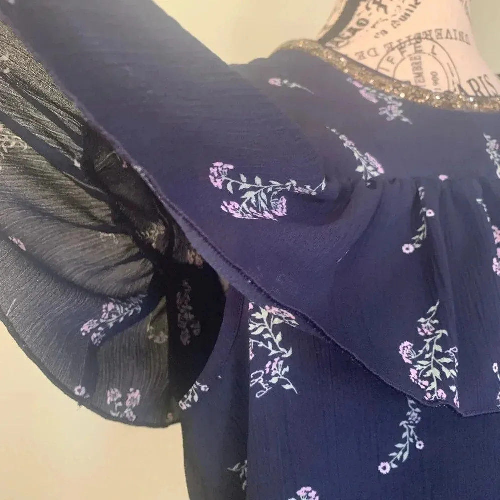 Juicy Couture Women’s Large Navy Blue Flowered Blouse Top Short Sleeve Ruffled - Image 2