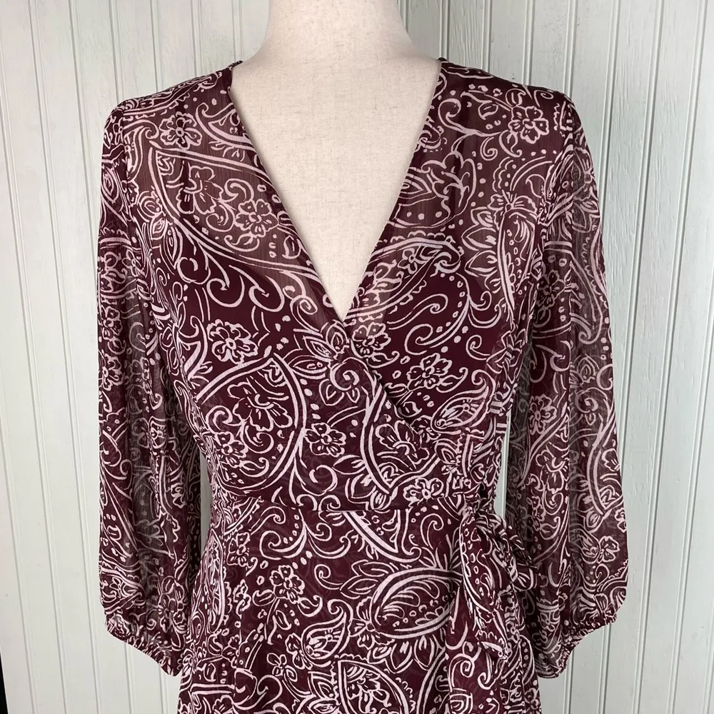 Calvin Klein Maroon Paisley High Low Hem Ruffle Chiffon Dress Women's Size 8 - Image 3
