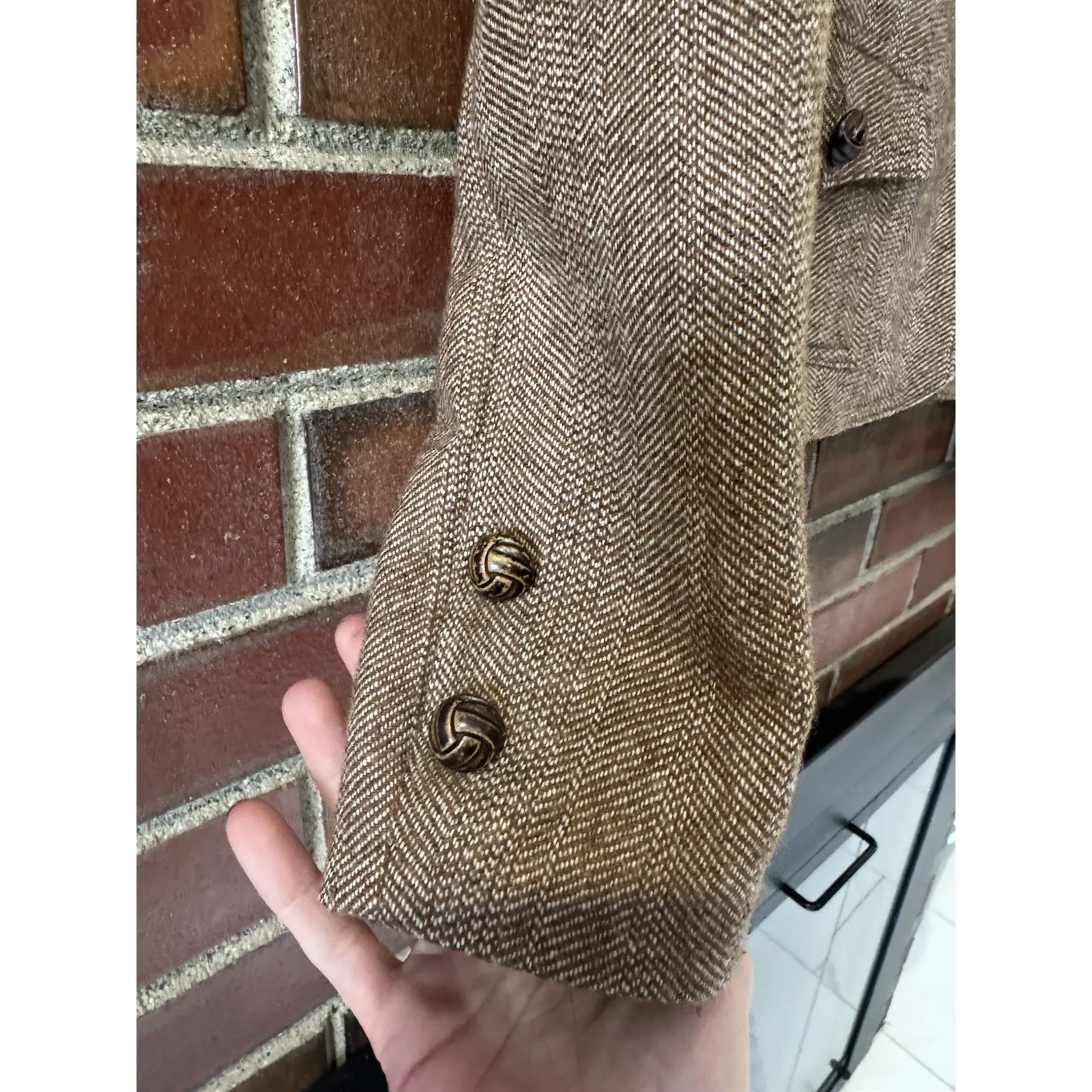 Brown Herringbone Blazer Size 0 Tweed Two Button Women Jacket - Image 4