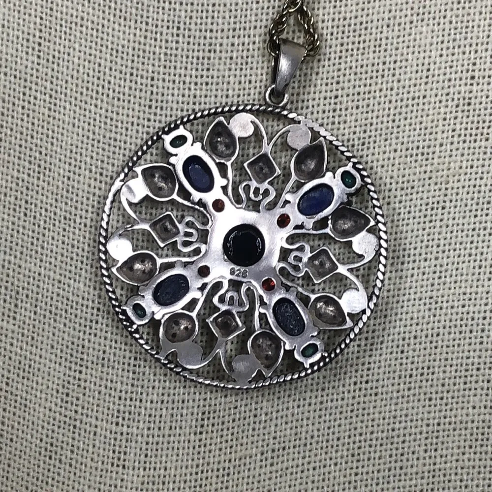 Sterling Silver Turquoise Garnet Onyx Lapis Marcasite Pendant and Rope Necklace - Image 3