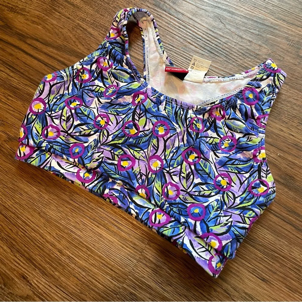 Vtg Y2K Abstract Peacock Sports Bra Crop Top Sz Medium Purple - Image 3