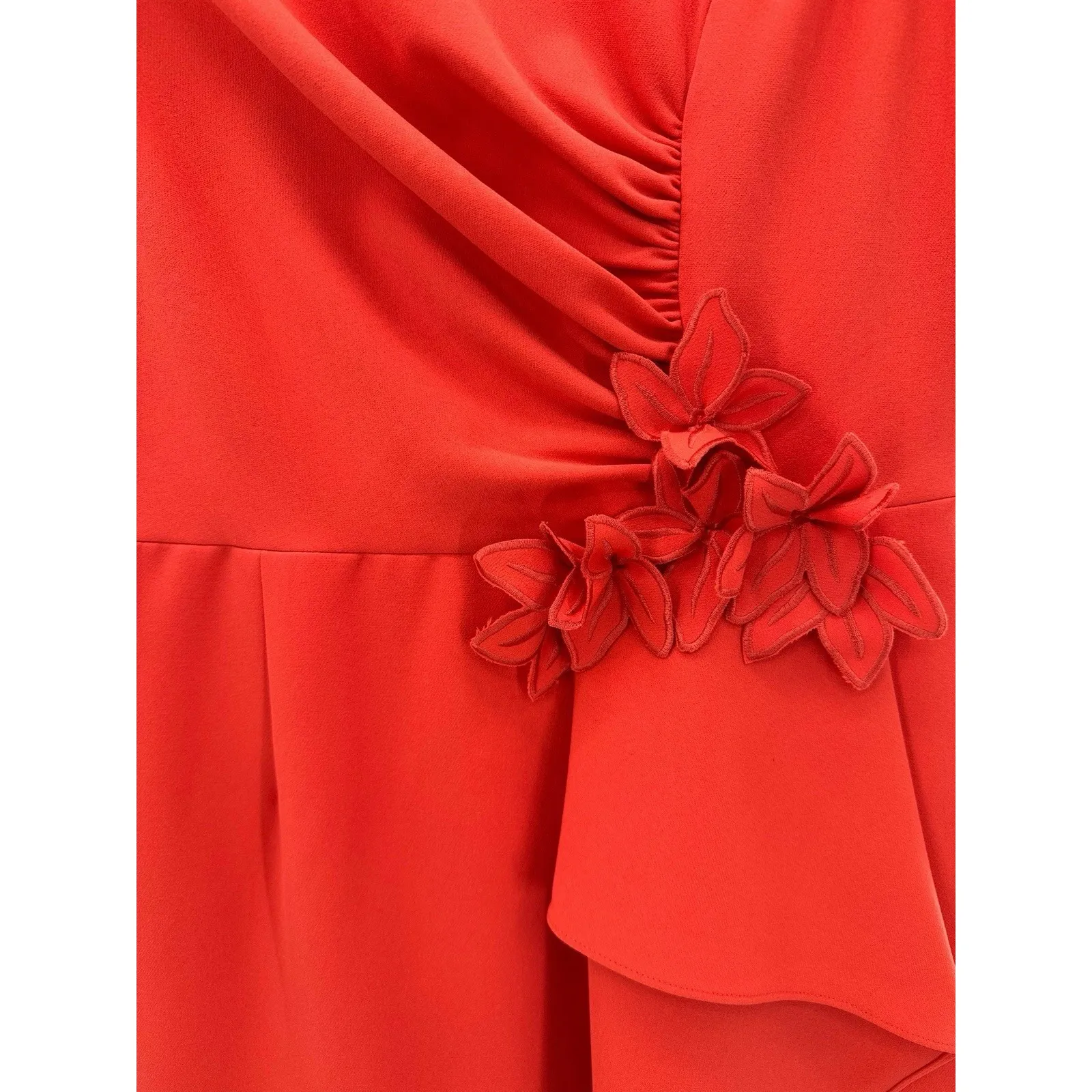 Teri Jon Rickie Freeman Red‎ Floral Appliqué Ruffle Midi Dress Women's 4 Elegant Red - Image 3