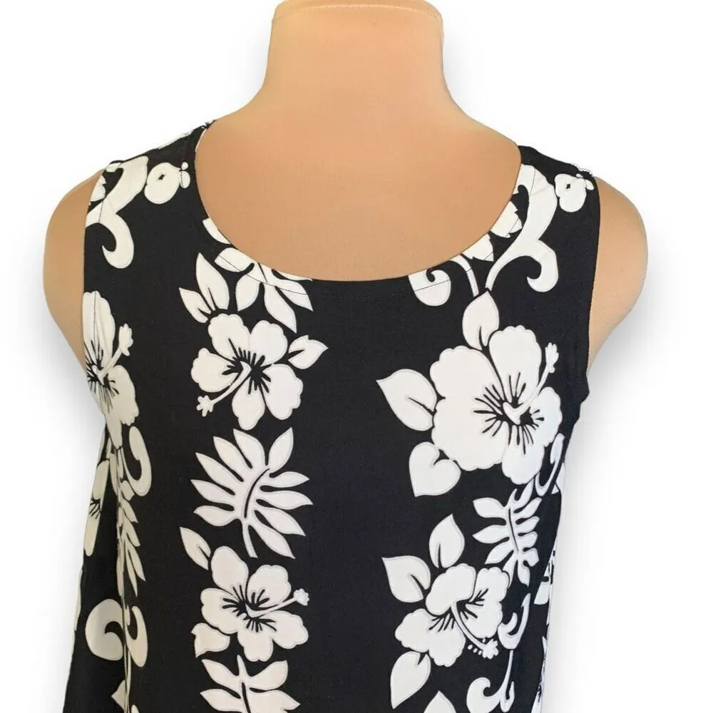 Vintage 90s Mini Dress Black White Hibiscus Floral Tropical Print Sleeveless Black Size L - Image 4