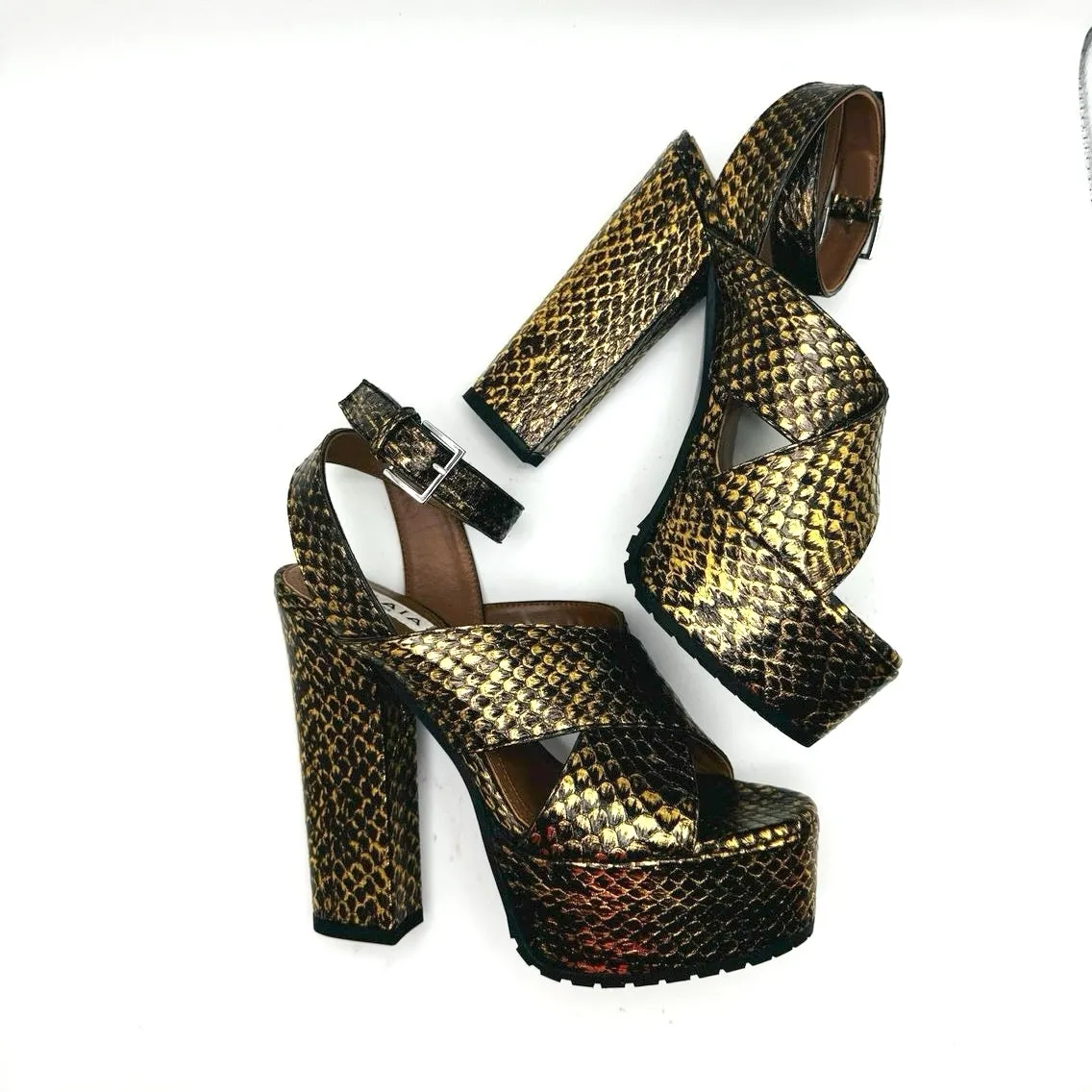 ALAÏA Gold Snakeskin Embossed Leather Platform Sandals Size 36.5 - Image 2