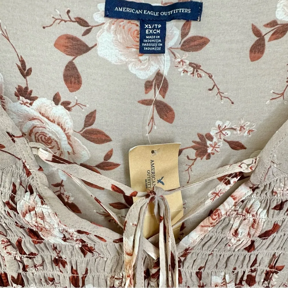 NWT American Eagle Outfitters Floral Smocked Tie Neck Ruffle Top Blouse - Image 3