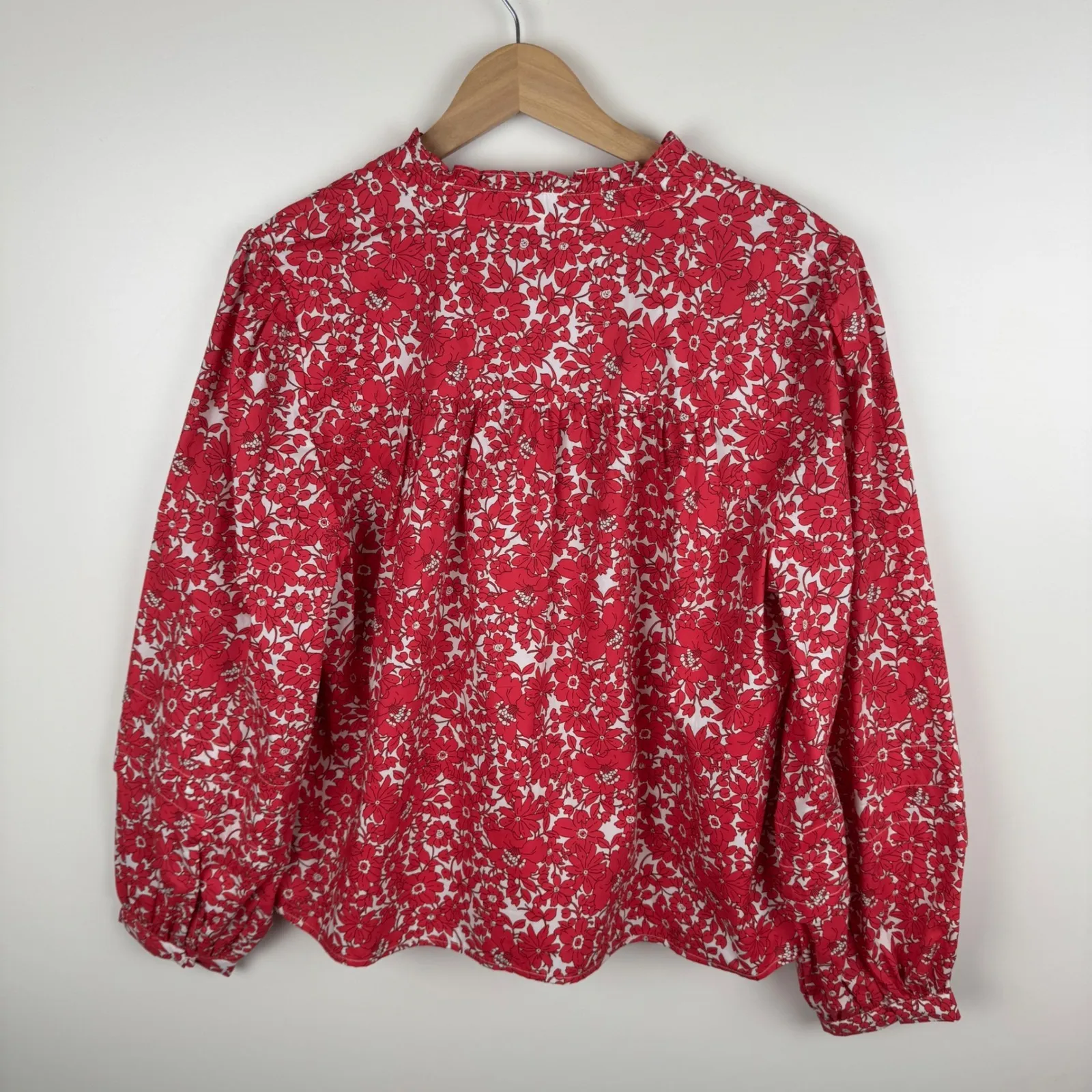 J Crew Button Front Ruffle Neck Popover Blouse Sz Large Blushing‎ Meadow Poplin - Image 4