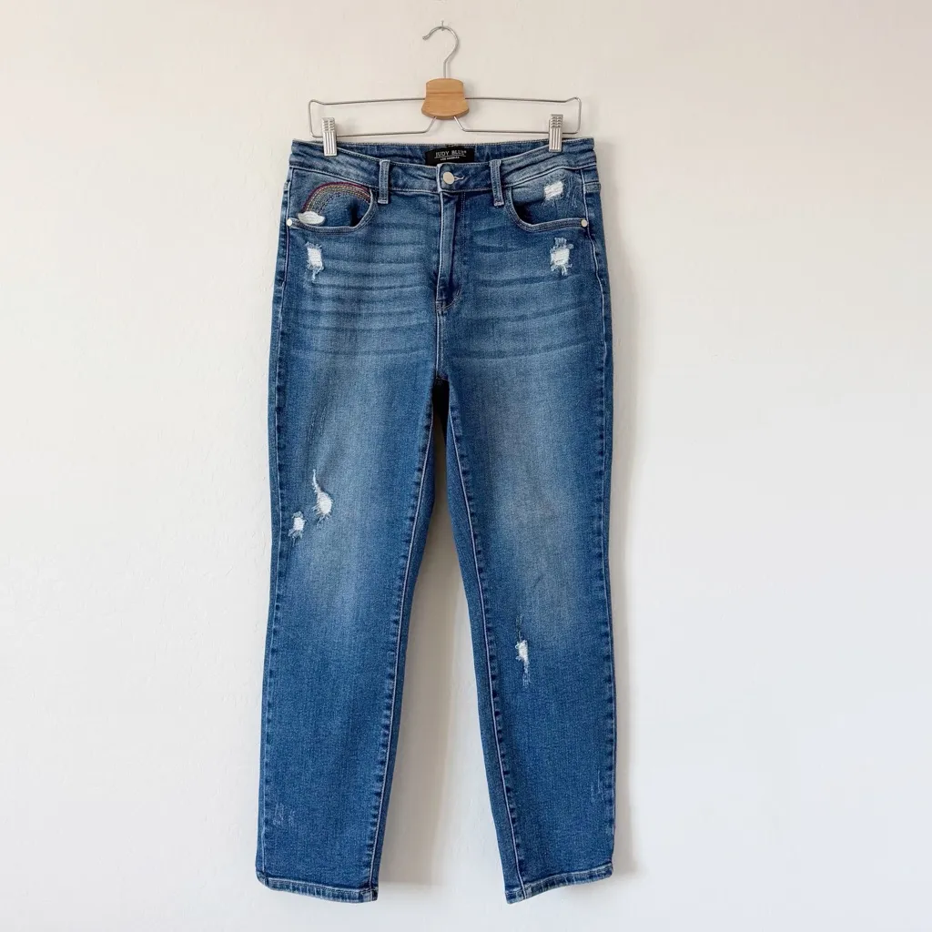 Judy Blue RAINBOW EMBROIDERED HIGH RISE CROPPED STRAIGHT LEG Size 31 - Image 3