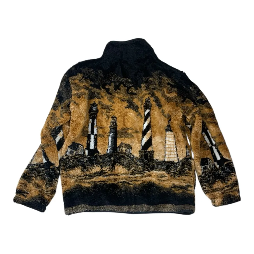 Whimzicals size large USA Lighthouse Print Fleece Jacket zip up long sleeve Brown - Image 12