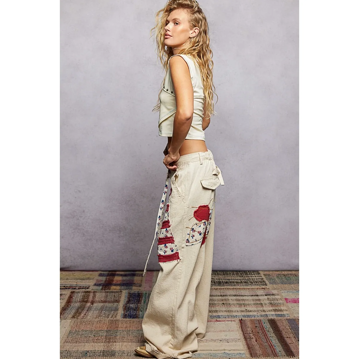 POL Wide Leg Patchwork American Flag Jeans Pants Cream Size MEDIUM - Image 5