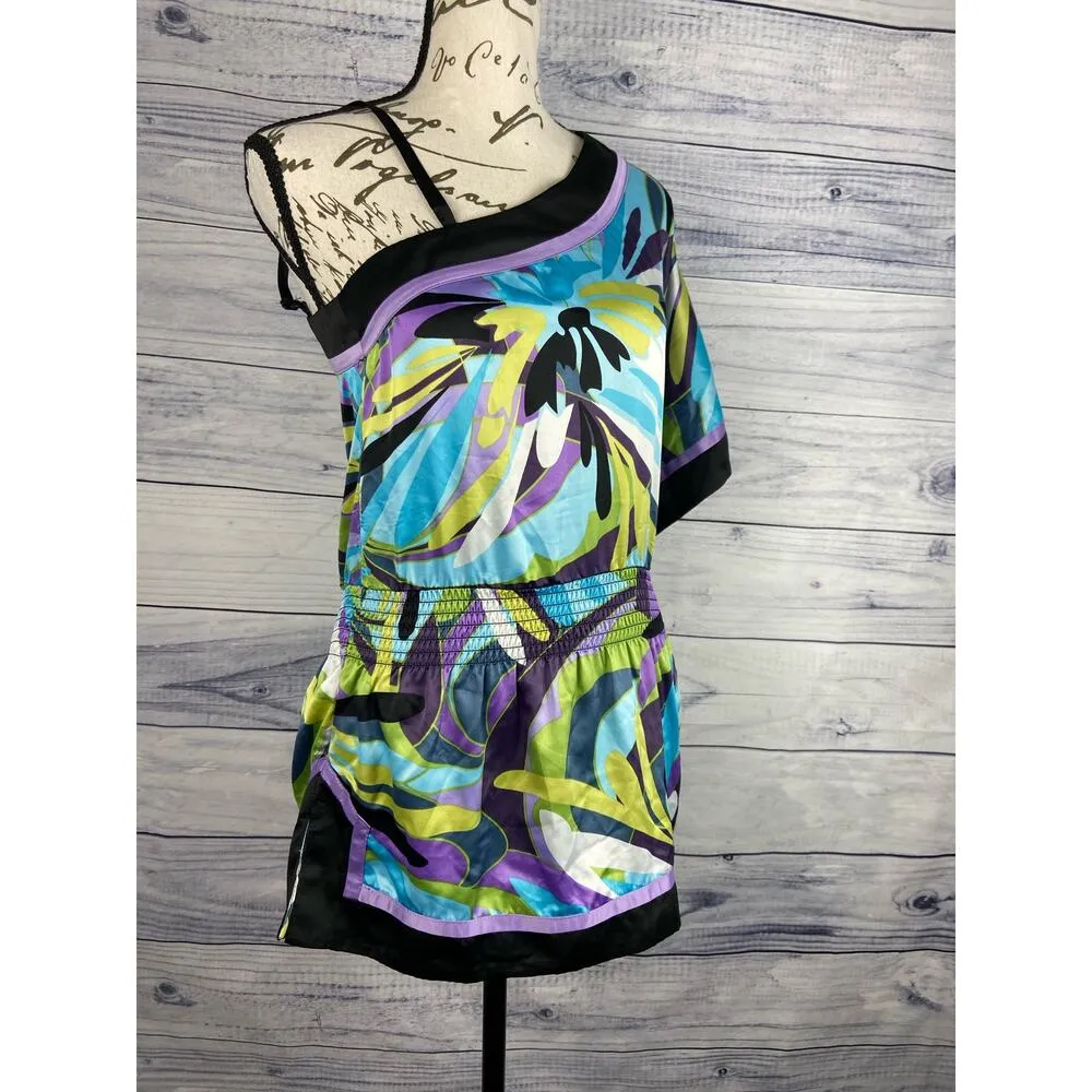 Iz Byer One Shoulder Blouson Top Womens S Smock Waist Side Slits Colorful Tunic - Image 5