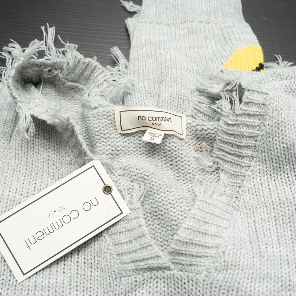 No Comment NY-LA Smiley Face Distressed Gray Knit Sweater - Image 8