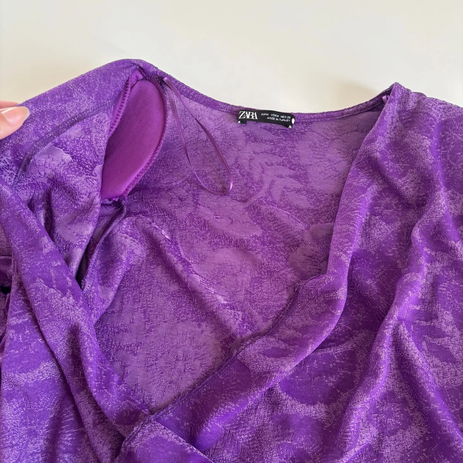 Zara Viral Purple Floral Jacquard Mini Dress Long Sleeves with Ruffles Medium - Image 8