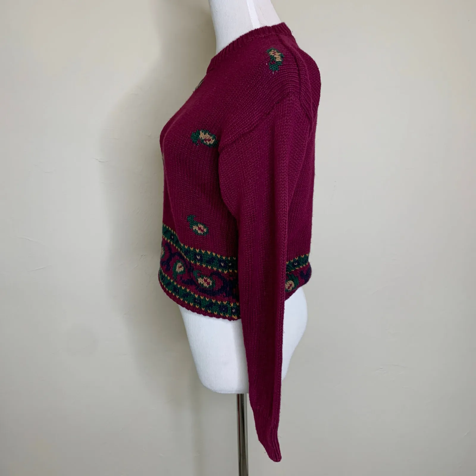 Vintage Hunt Club Maroon Sweater Floral Design Sz Small Linen Cotton - Image 3